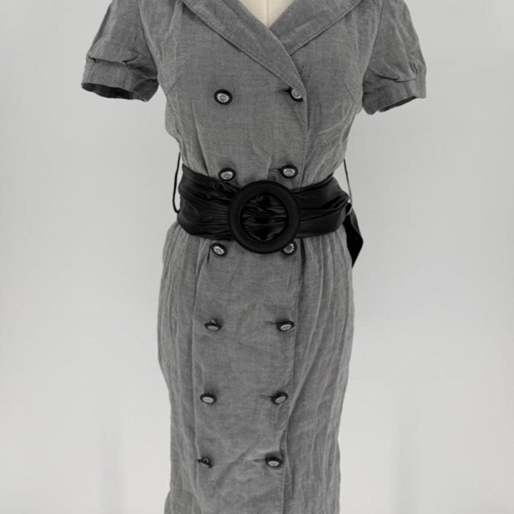 INSUN Gray Linen Double Breasted Belted Formal Dress Gray Black Size 38